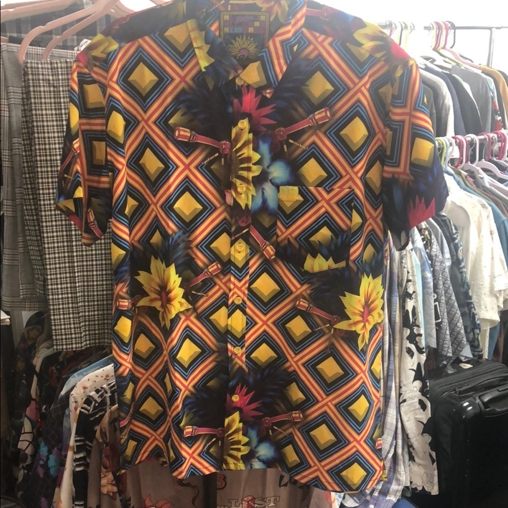 Retro Bloom Yellow and Blue Casual Button Down Shirt with Geometric Flair